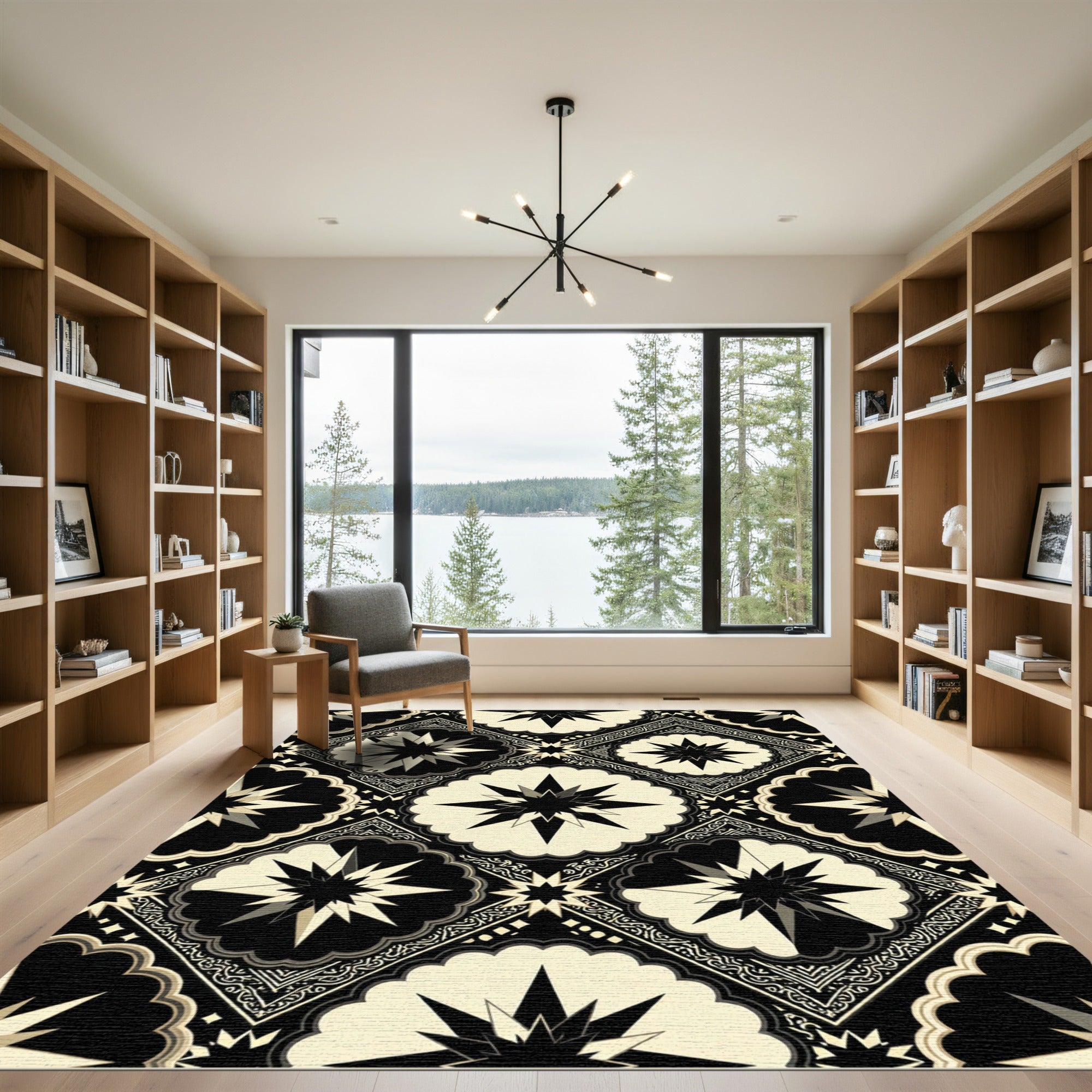Monochromatic Celestial Starburst Geometric Tile Rug