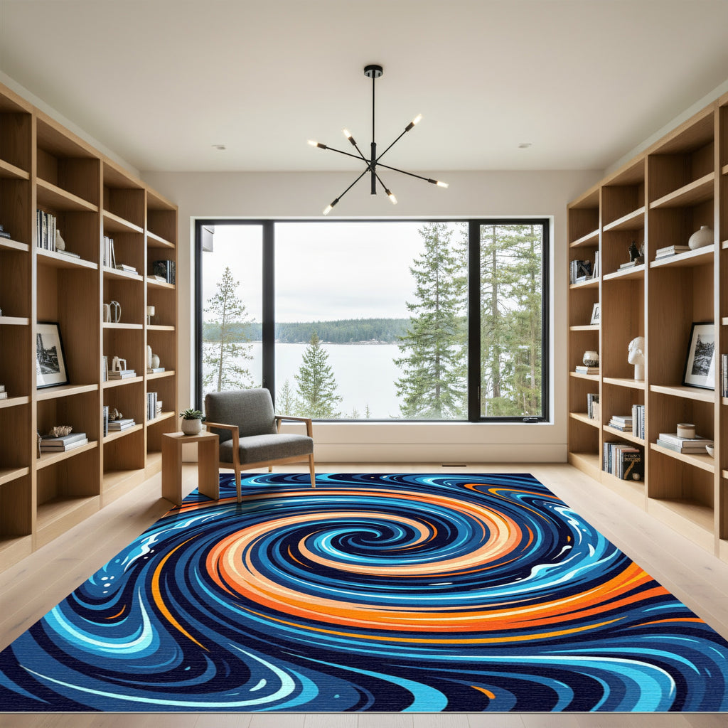 Vibrant Abstract Blue and Orange Whirl Rug