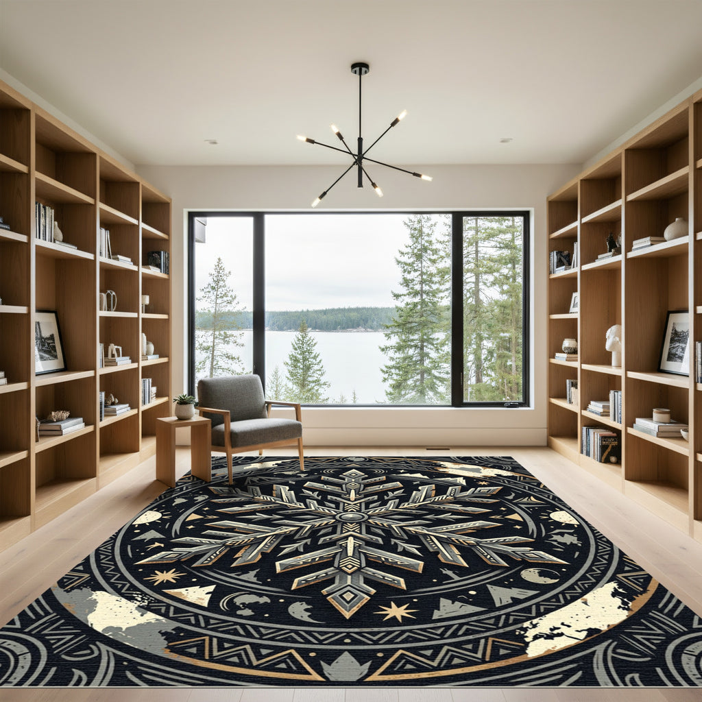 Celestial Midnight Snowflake Geometric Medallion Rug