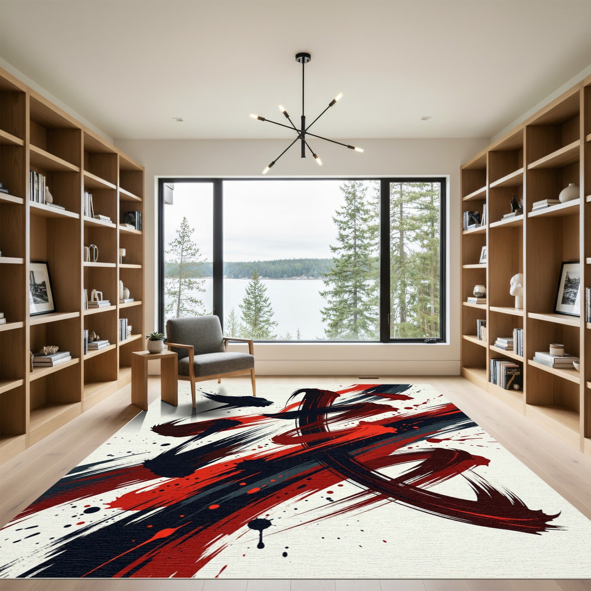 Bold Red and Black Abstract Brushstroke Rug