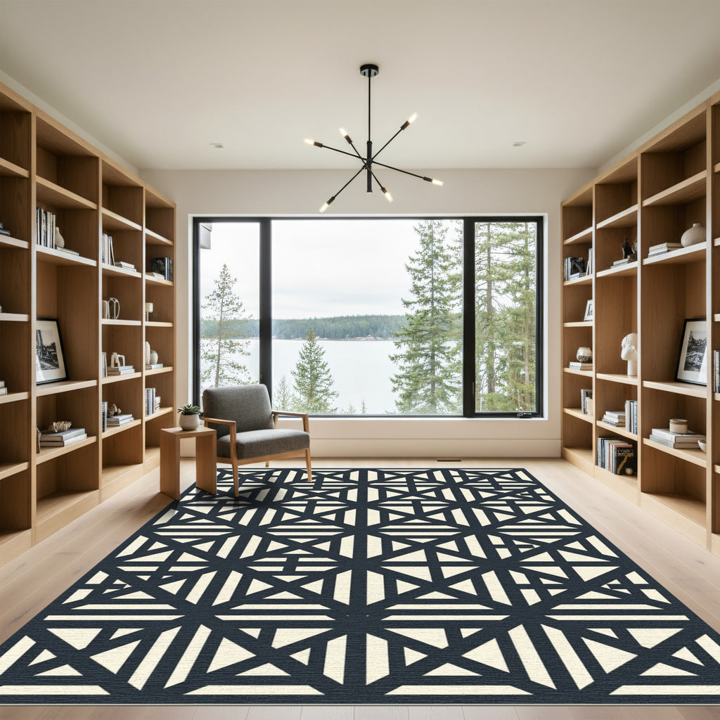 Modern Navy Cream Geometric Linear Tile Rug