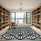 Modern Navy Cream Geometric Linear Tile Rug