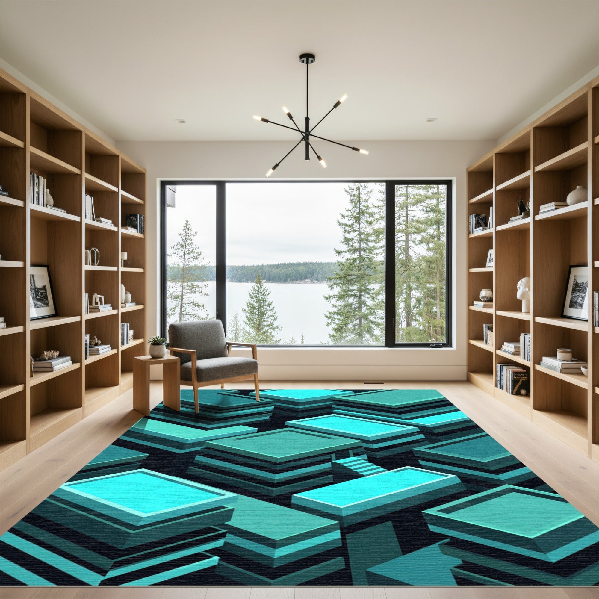 Cyan Geometric Isometric Architectural Blocks Rug