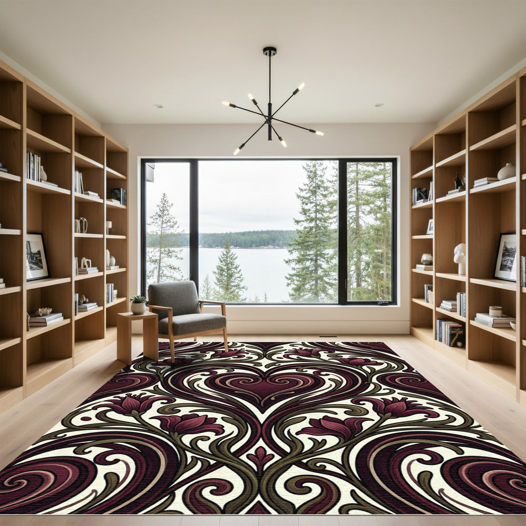 Dark Burgundy Heart Floral Damask Rug