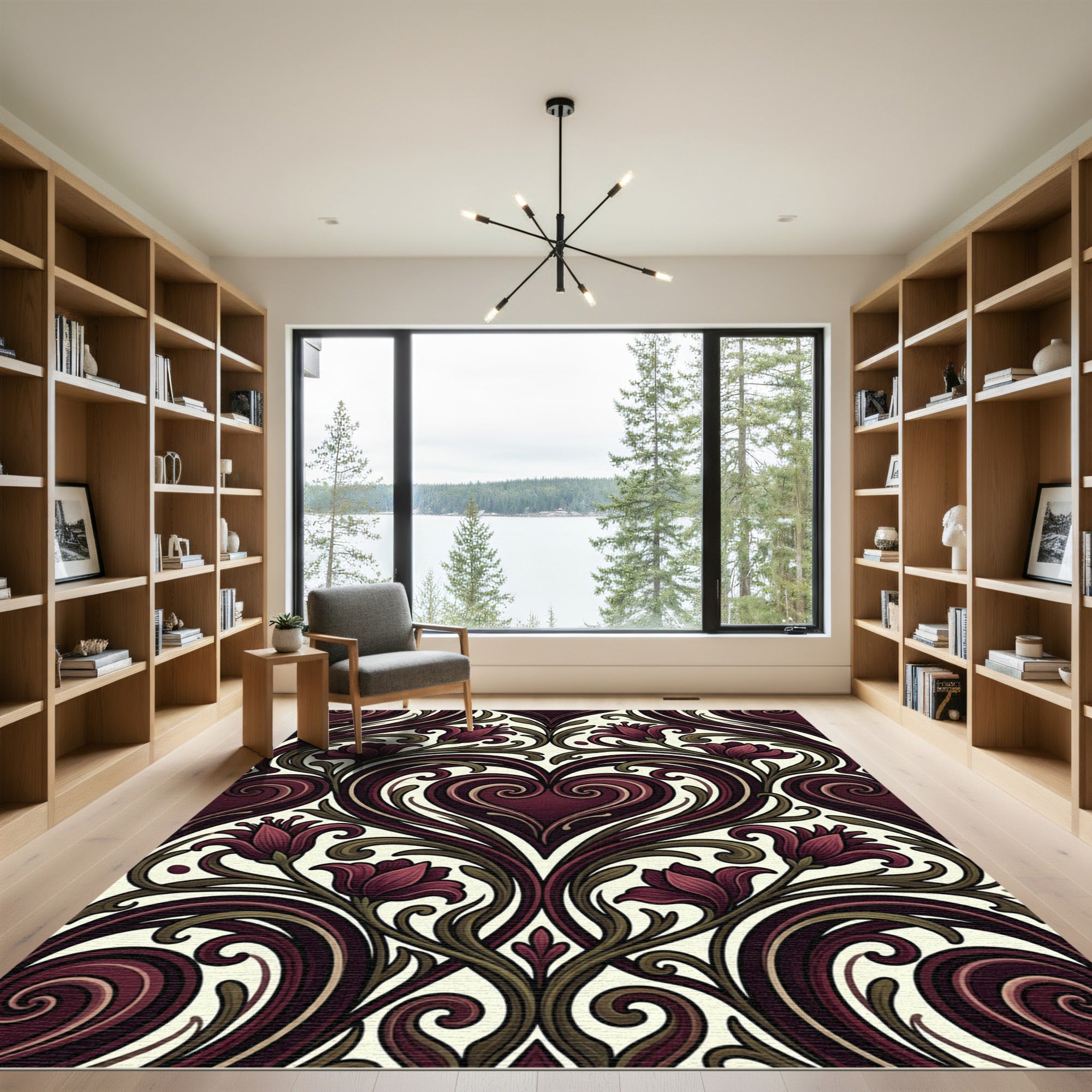 Dark Burgundy Heart Floral Damask Rug
