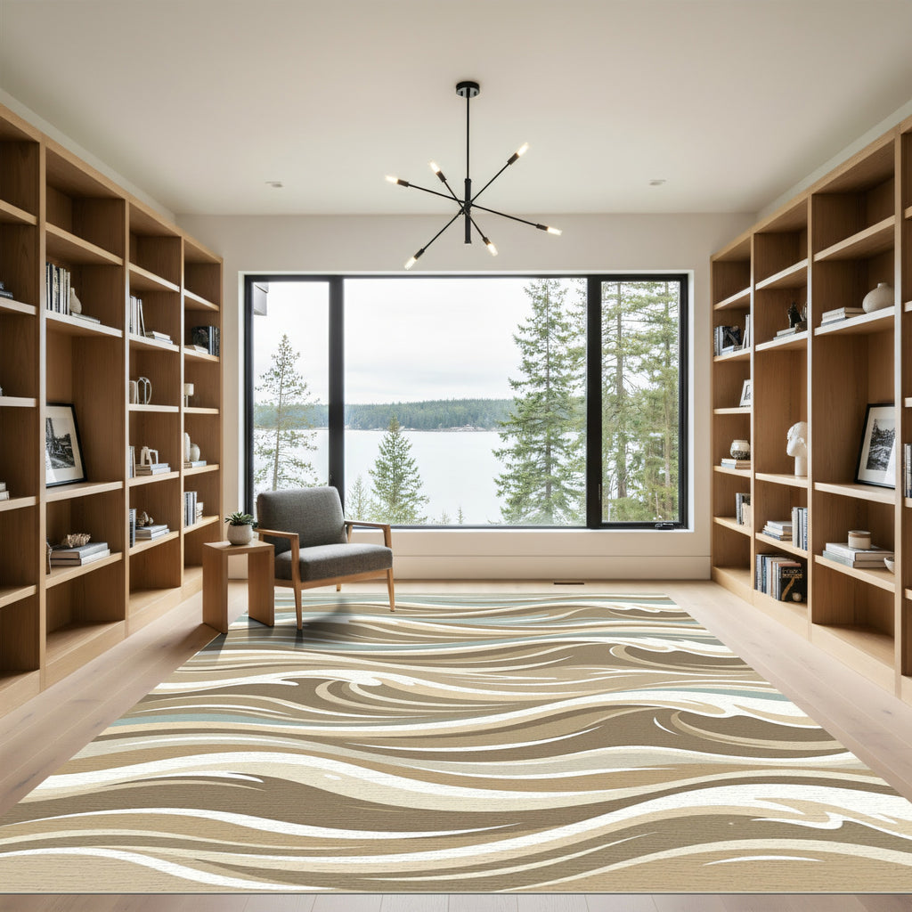 Serene Earthy Abstract Flowing Wave Rug