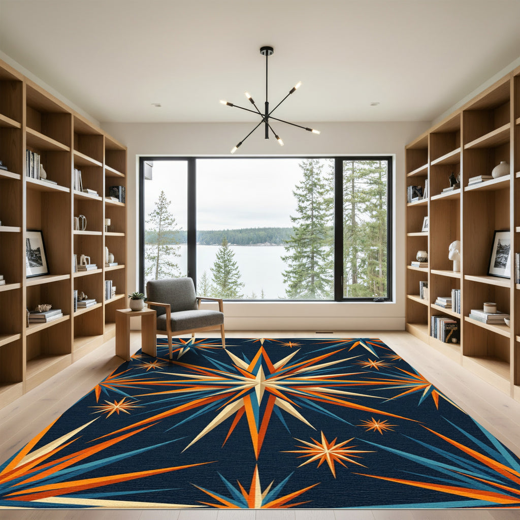 Mid-Century Modern Navy Starburst Sun Rug