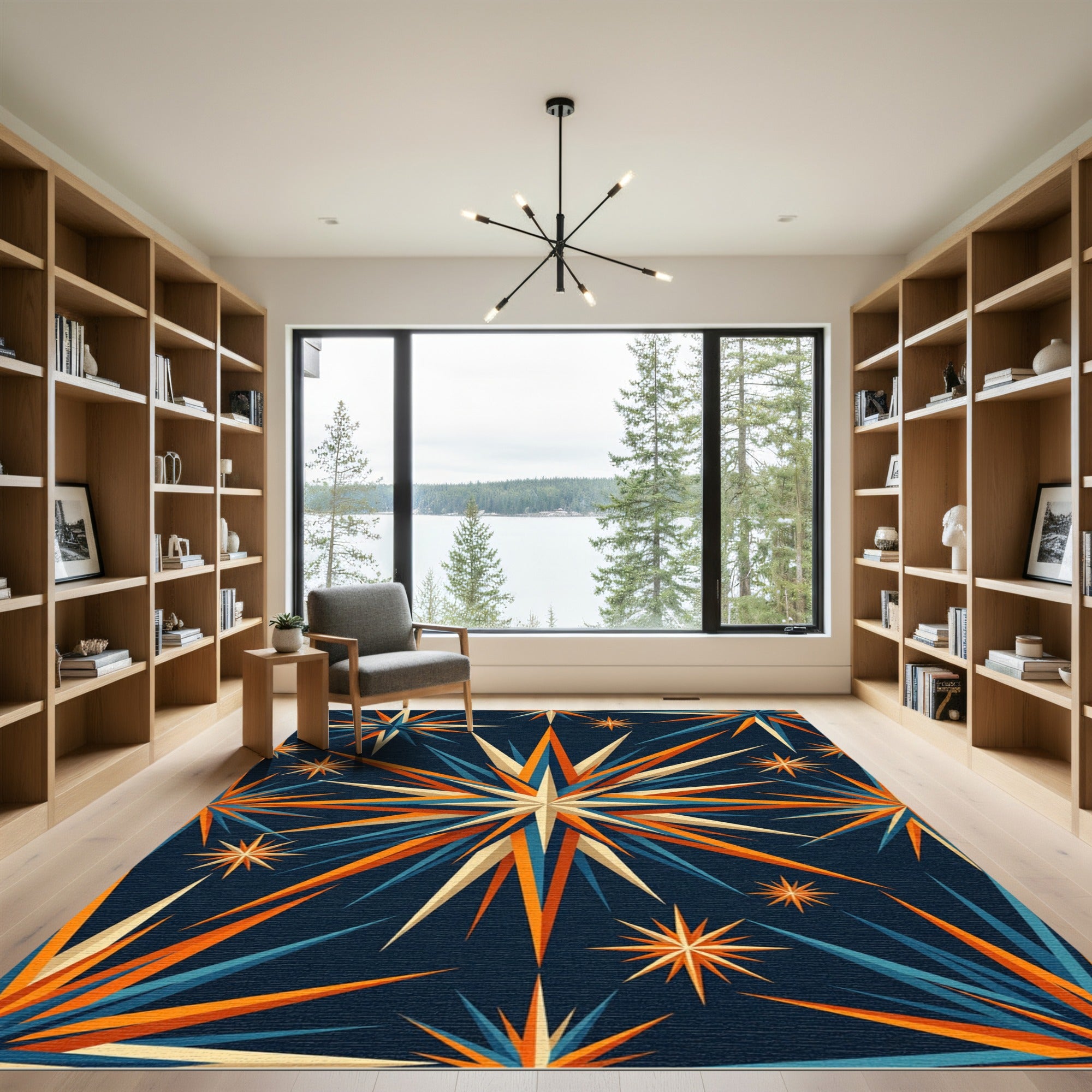 Mid-Century Modern Navy Starburst Sun Rug