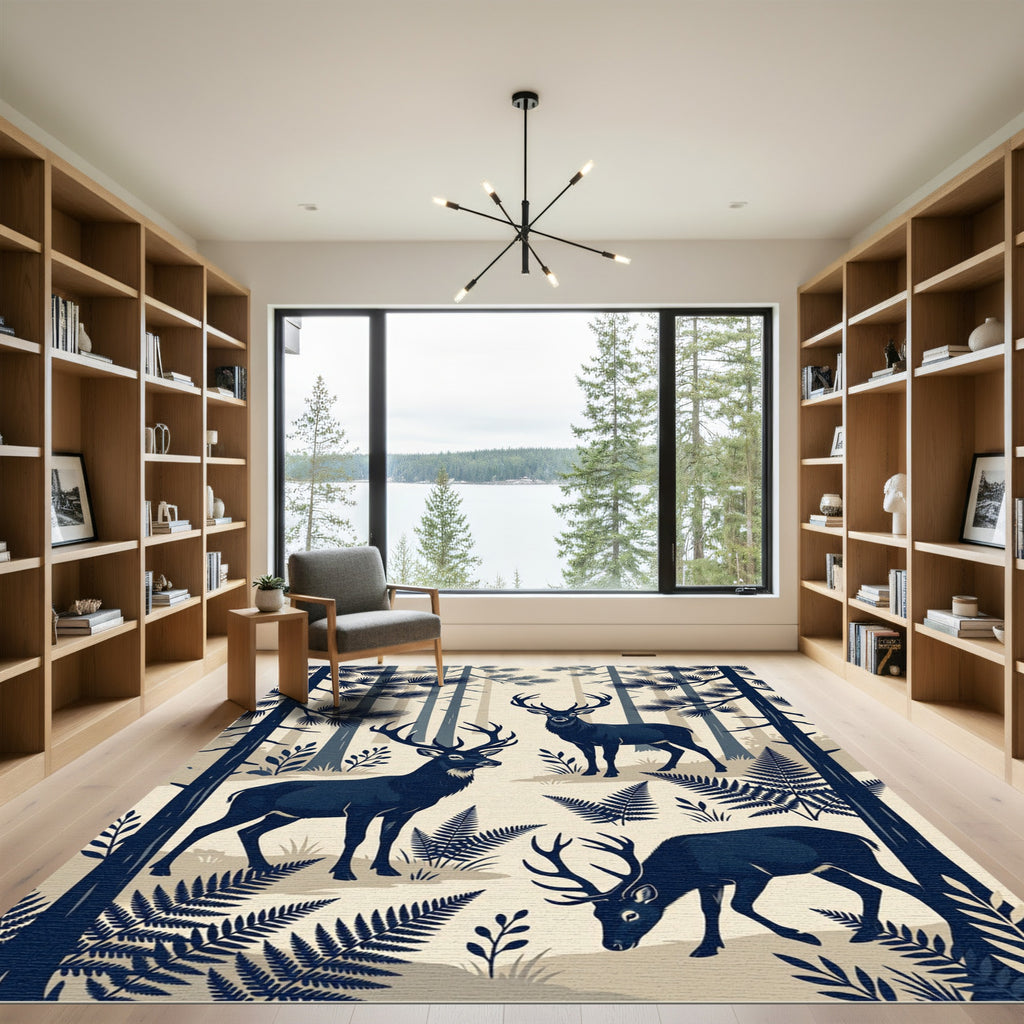 Dark Blue Forest Deer Silhouette Rug