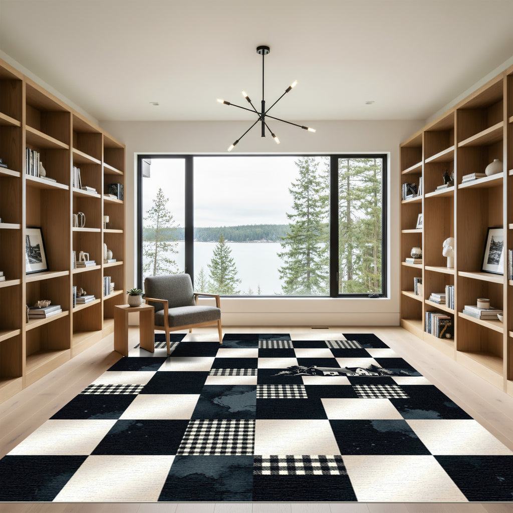 Black White Gingham Farmhouse Checkered Rug