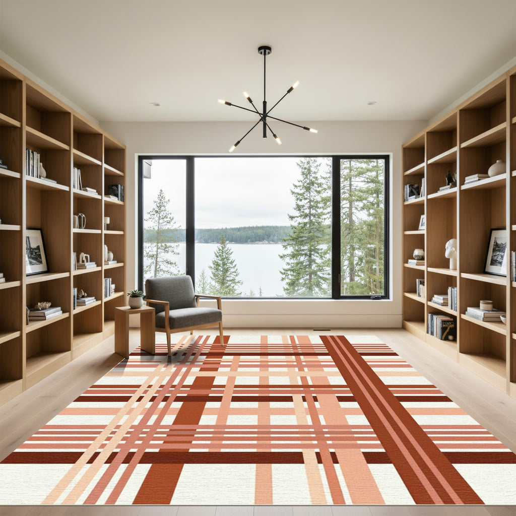 Terracotta Red Cream Plaid Lines Rug