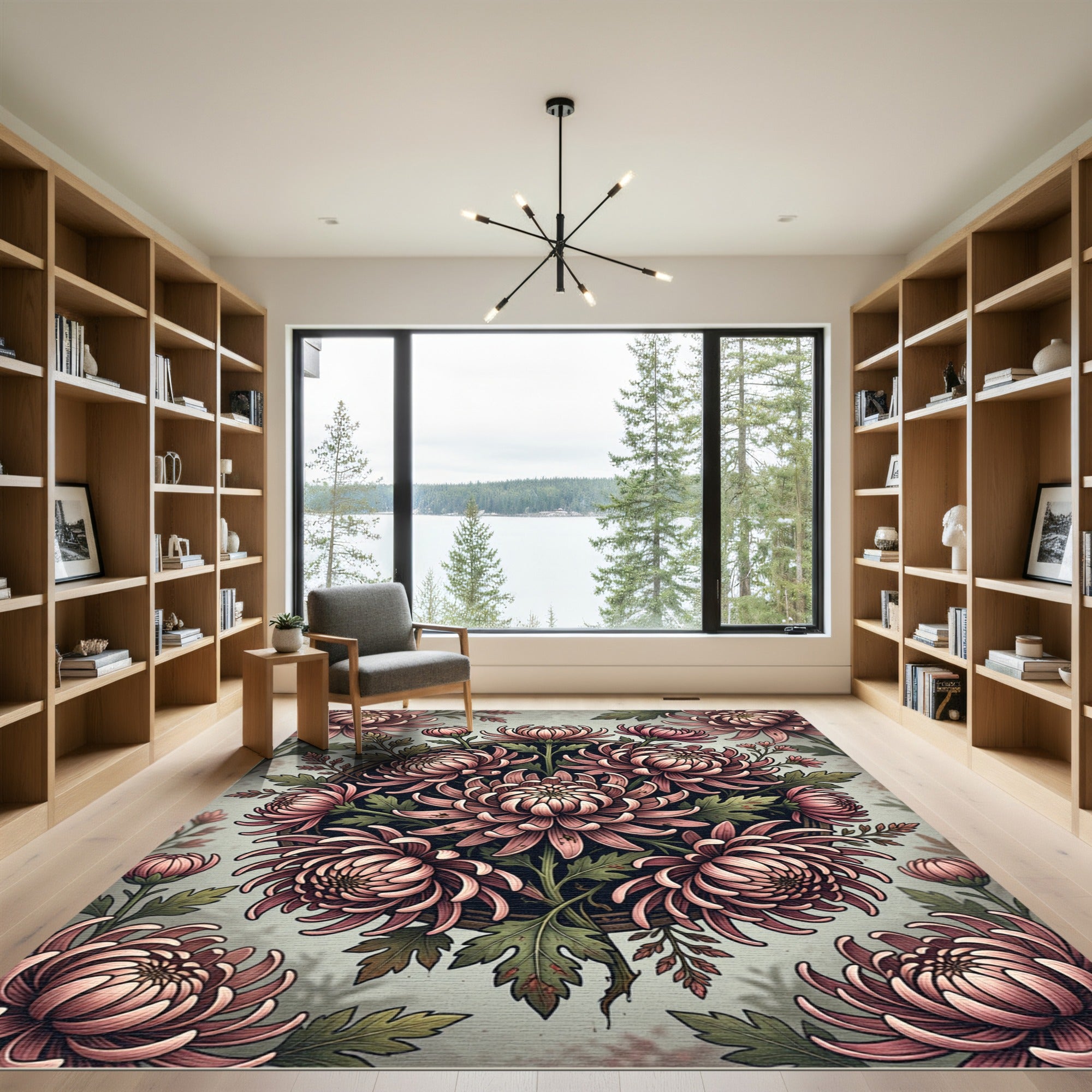 Blush Chrysanthemum Botanical Floral Wreath Rug
