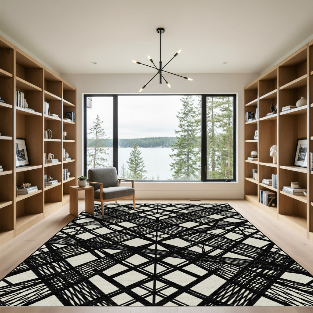 Abstract Intersecting Black Lines Linen Rug