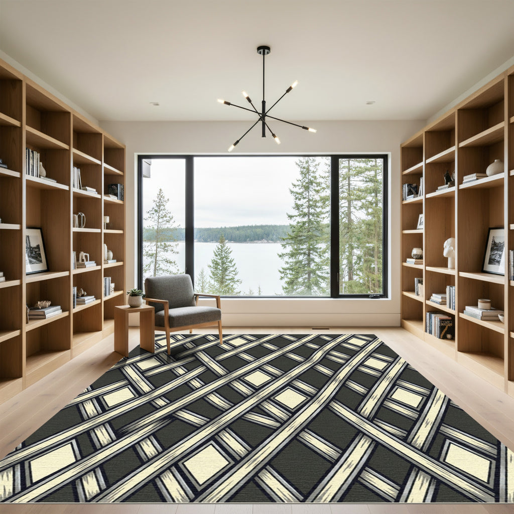 Dark Gray Cream Lattice Diamond Rug