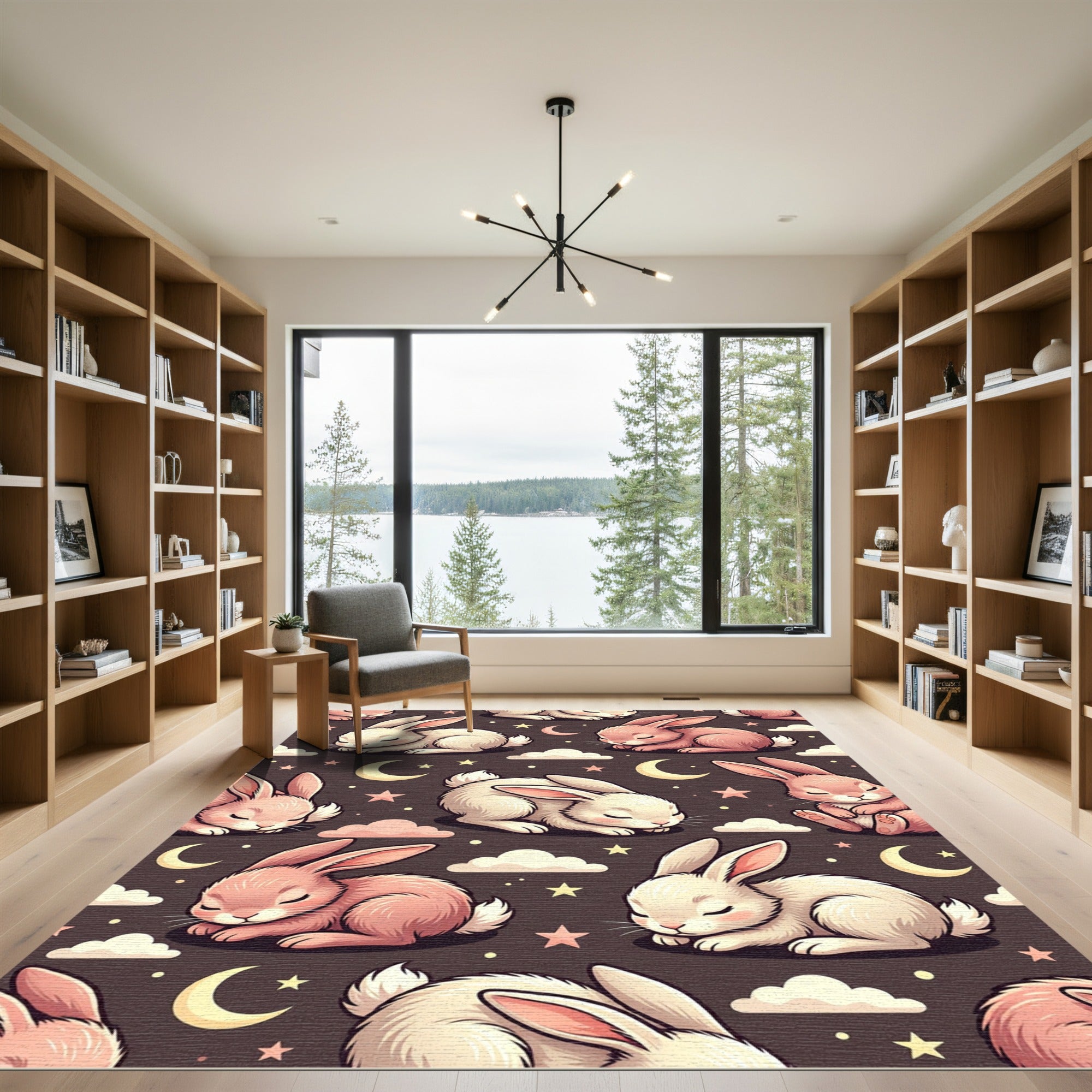 Whimsical Sleeping Bunny Celestial Moon Clouds Rug
