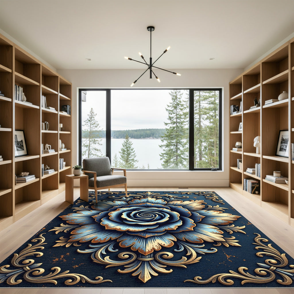 Classic Blue Gold Floral Medallion Rug
