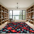 Modern Red Gray Geometric Pixel Block Rug
