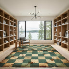 Distressed Teal and Cream Checkerboard Rug