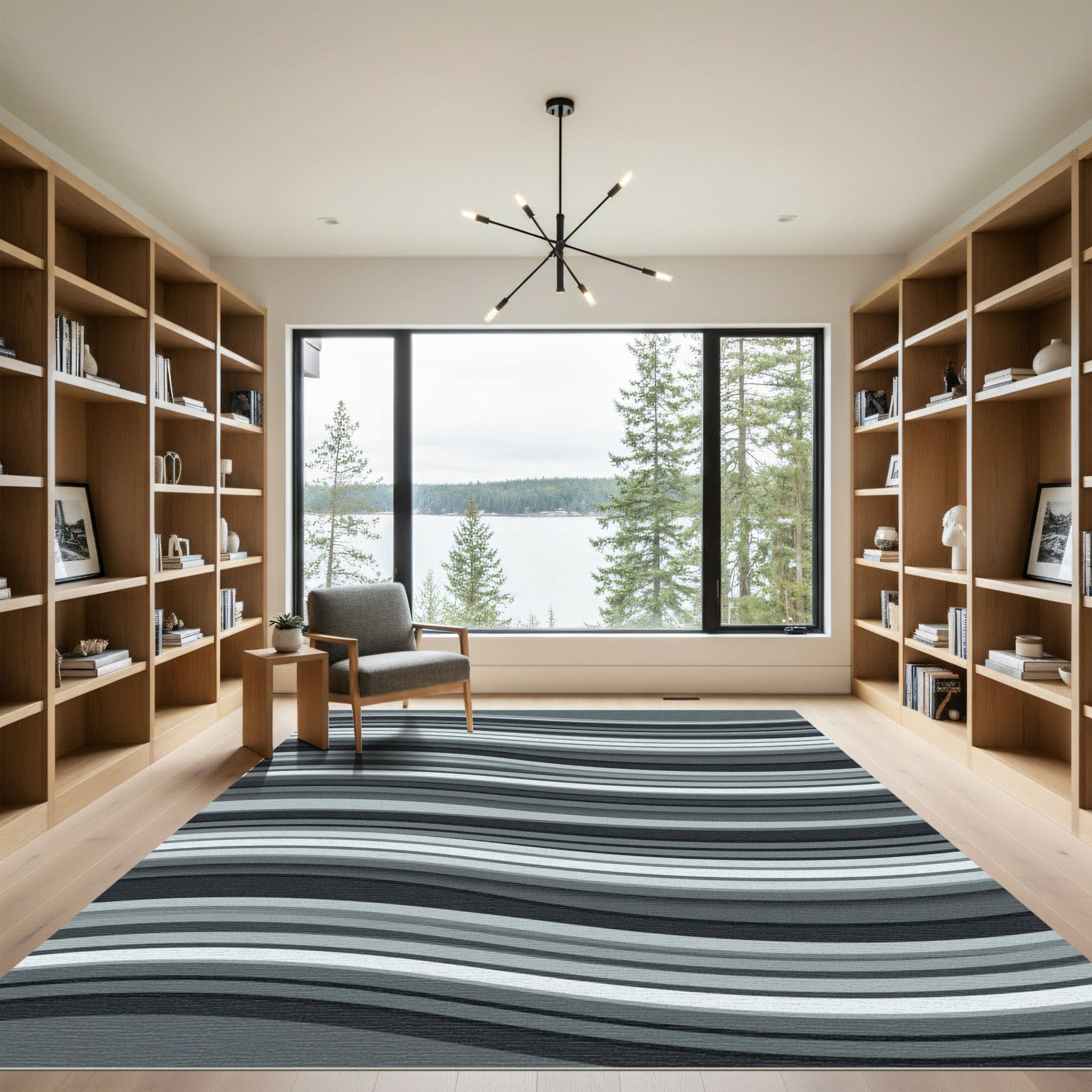 Minimalist Charcoal and Silver Wave Rug
