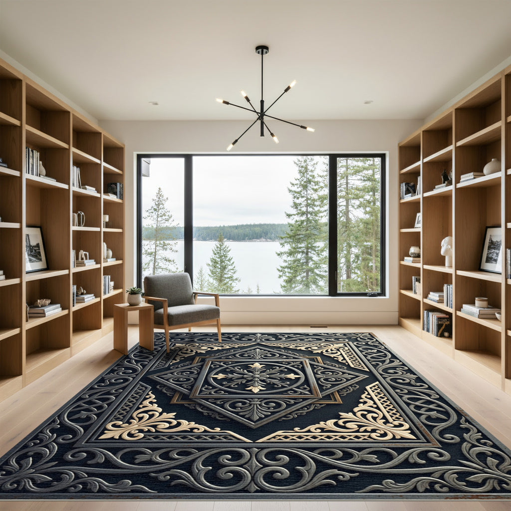 Ornate Iron Scrollwork Floral Medallion Rug