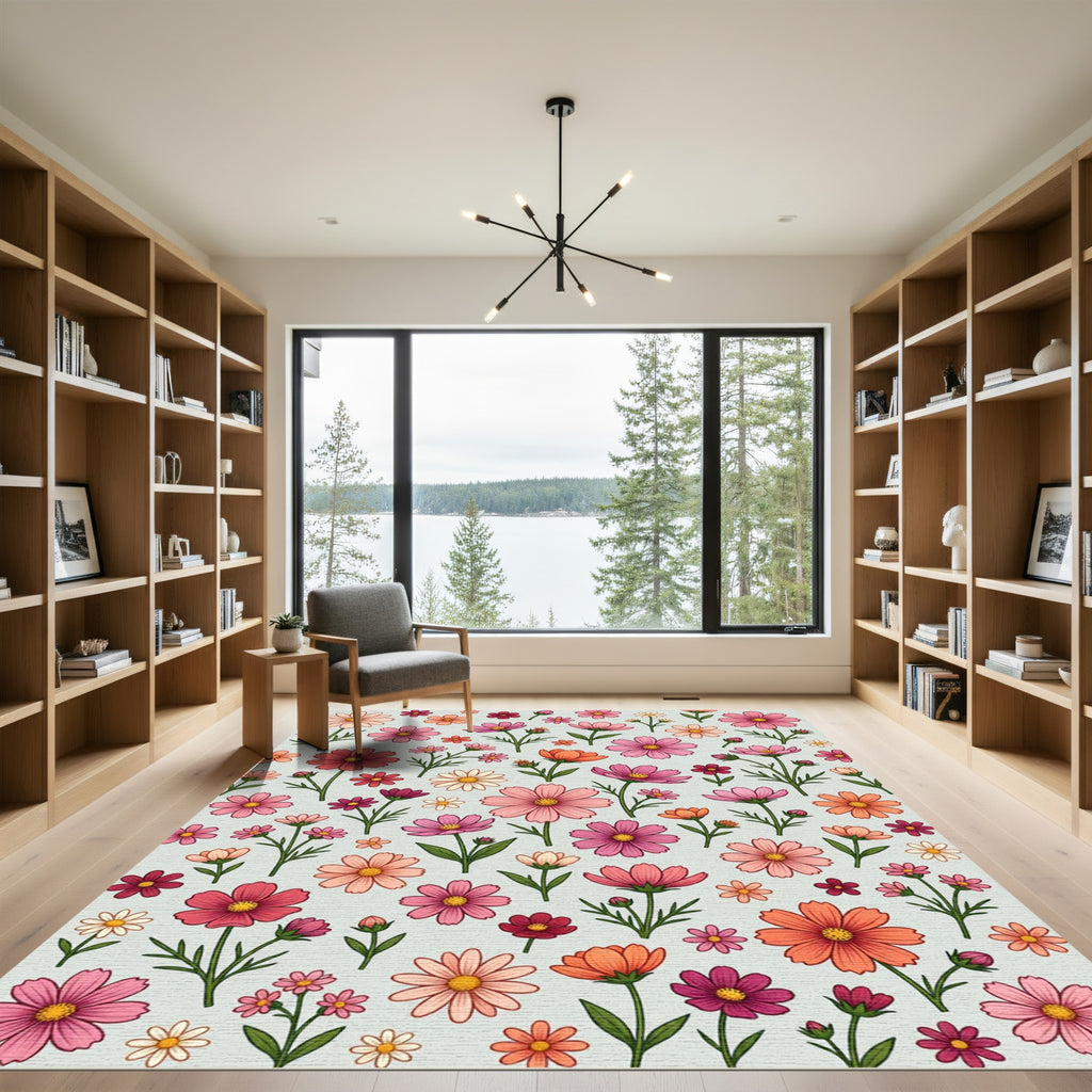 Pink Orange Flower Meadow Whimsical Rug
