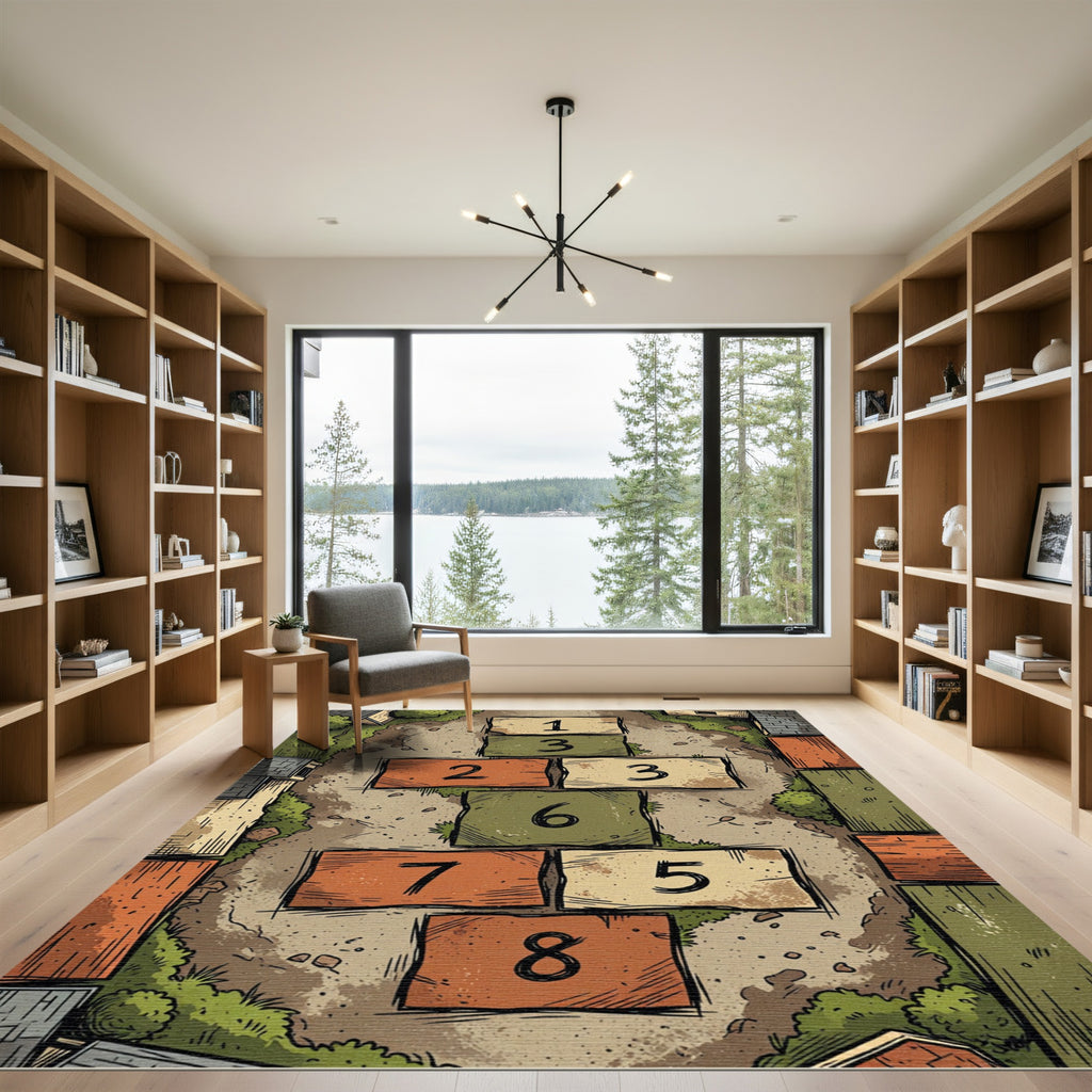 Playful Earthy Tone Hopscotch Numbered Grid Rug
