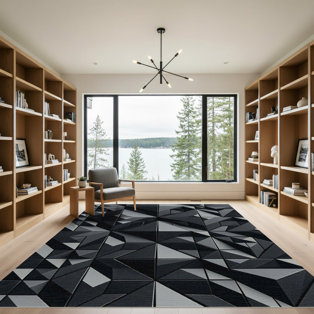 Modern Dark Gray Geometric Facets Rug