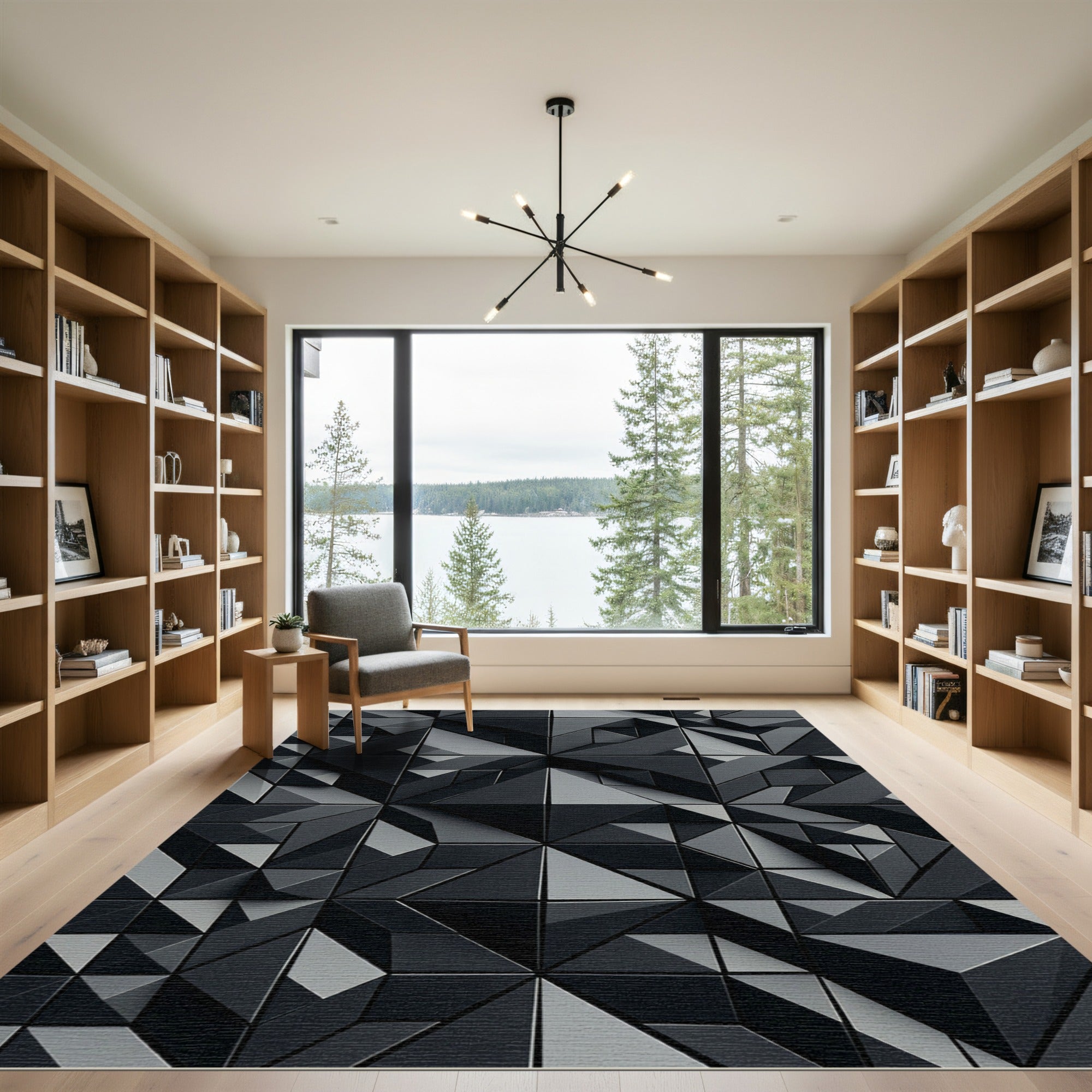 Modern Dark Gray Geometric Facets Rug