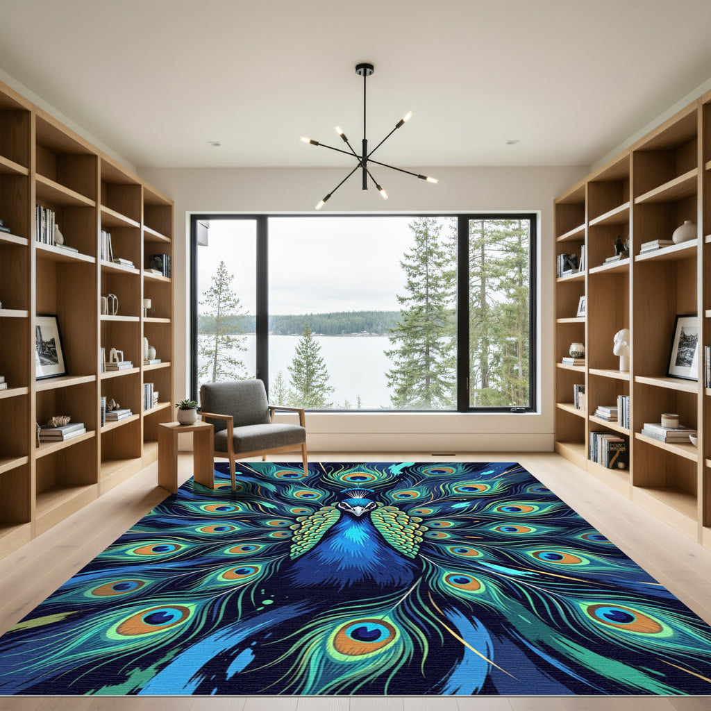 Vibrant Peacock Feather Eye Display Rug