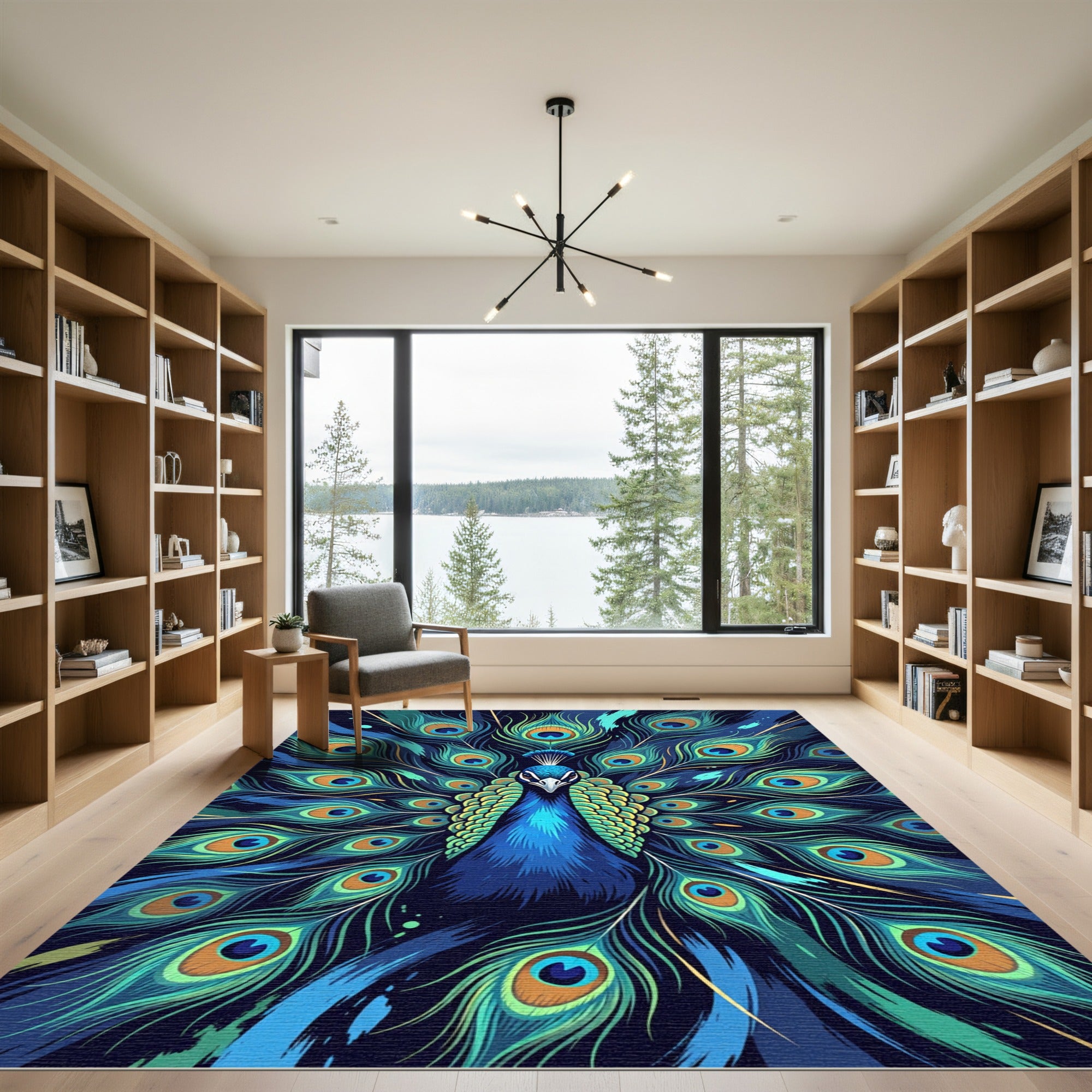 Vibrant Peacock Feather Eye Display Rug