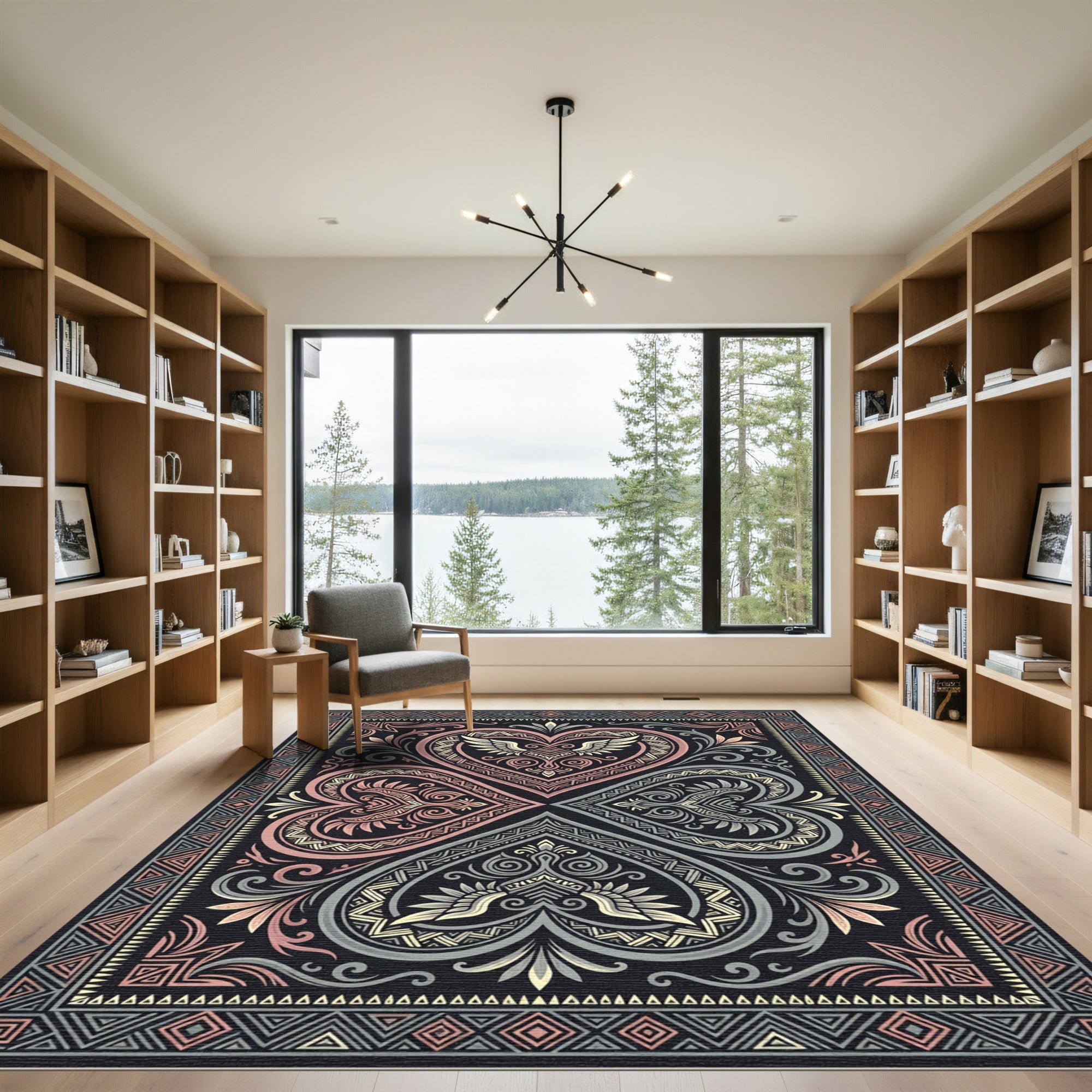 Ornate Winged Heart Floral Geometric Rug