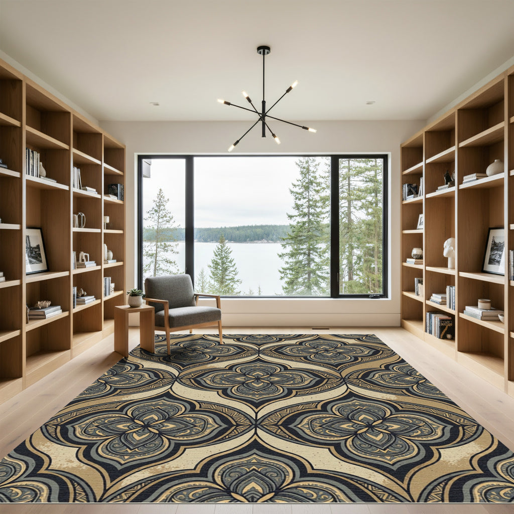 Ornate Midnight Gold Damask Medallion Rug