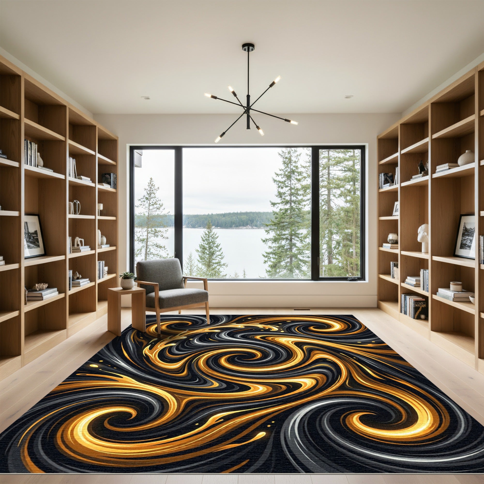 Golden Swirl Abstract Liquid Marble Rug