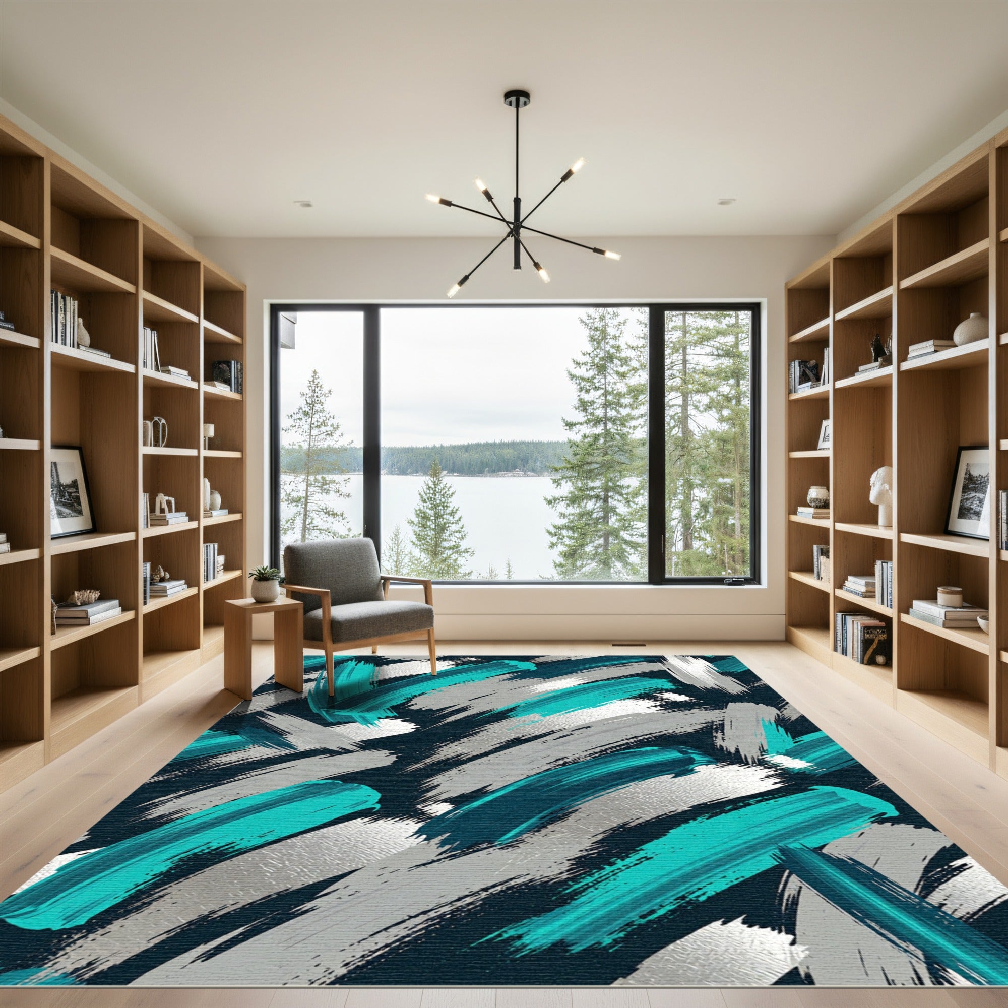 Teal Silver Abstract Brush Strokes Rug