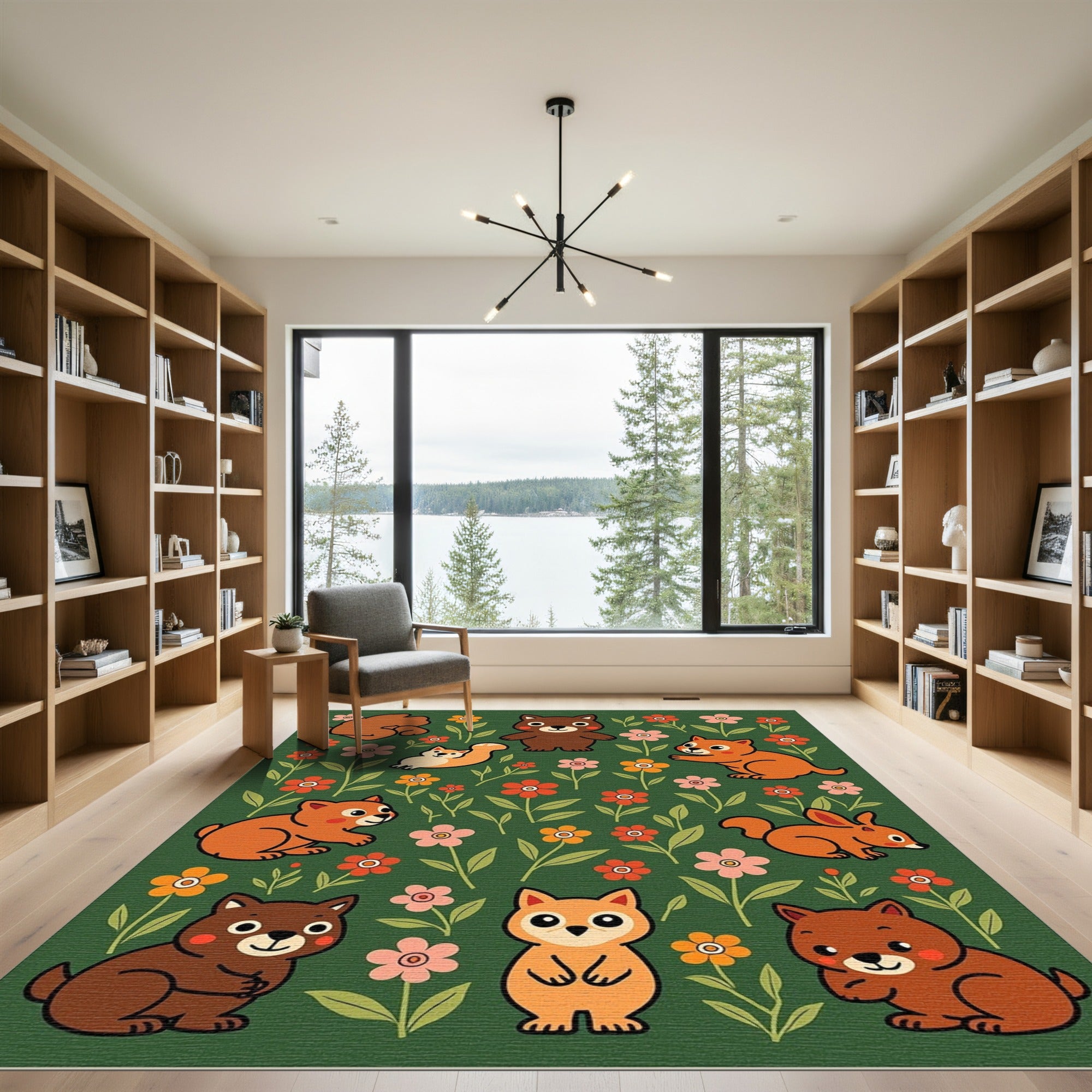 Woodland Creatures Flower Field Rug