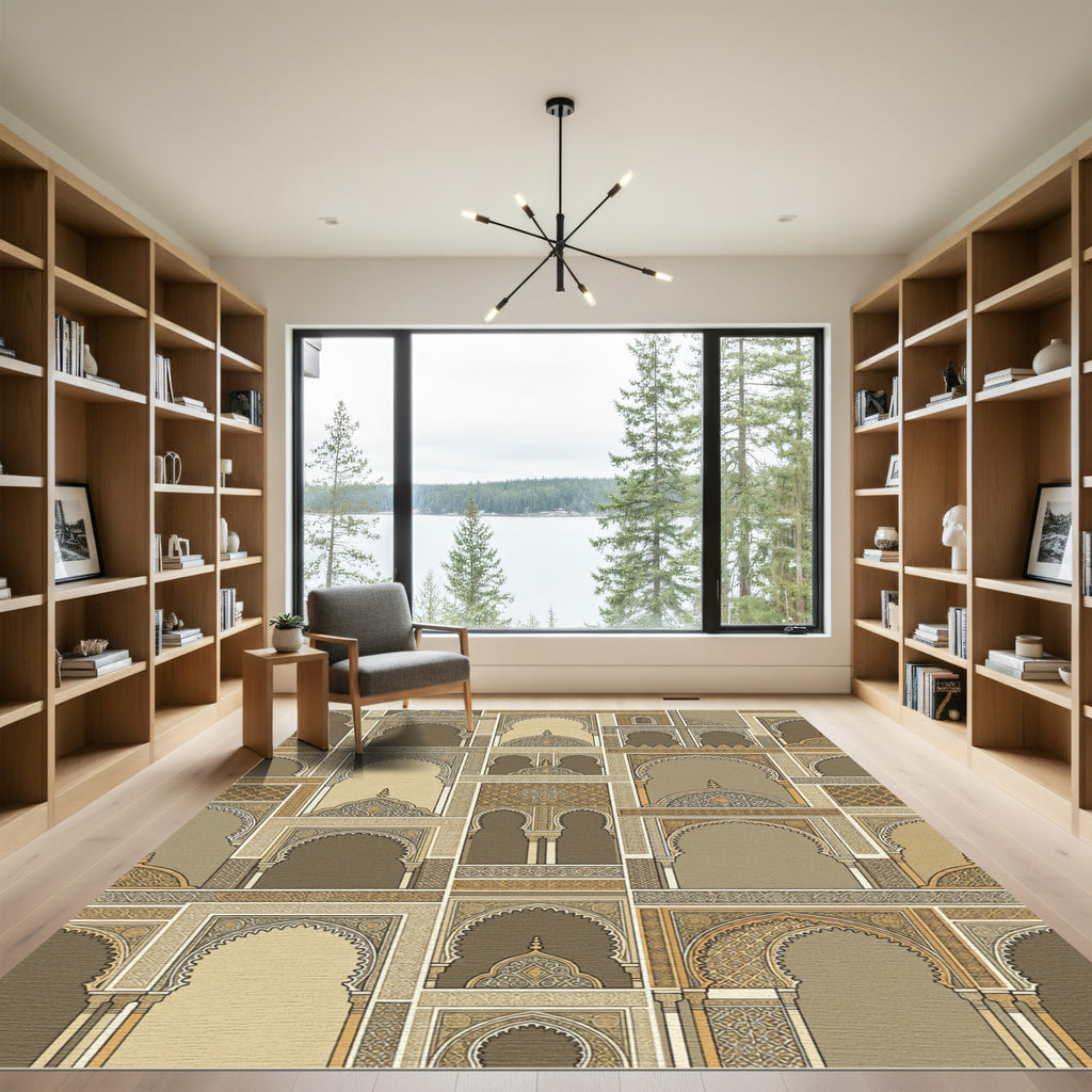 Brown And Gold Geometric Arch Arrangement Rug
