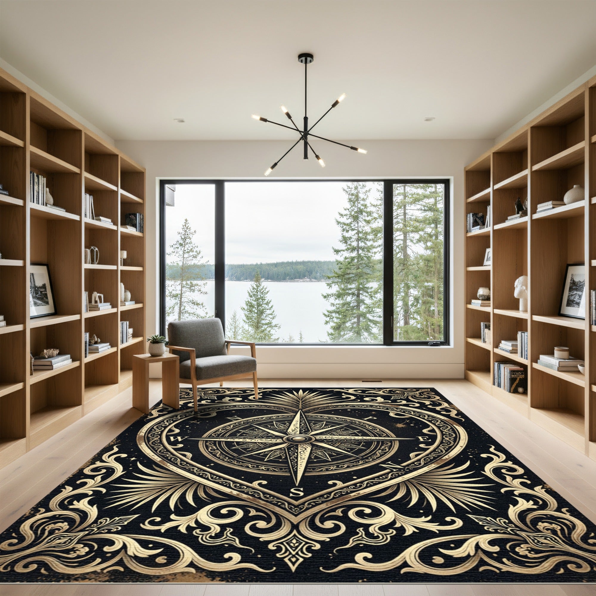 Ornate Gold Compass Heart Emblem Rug