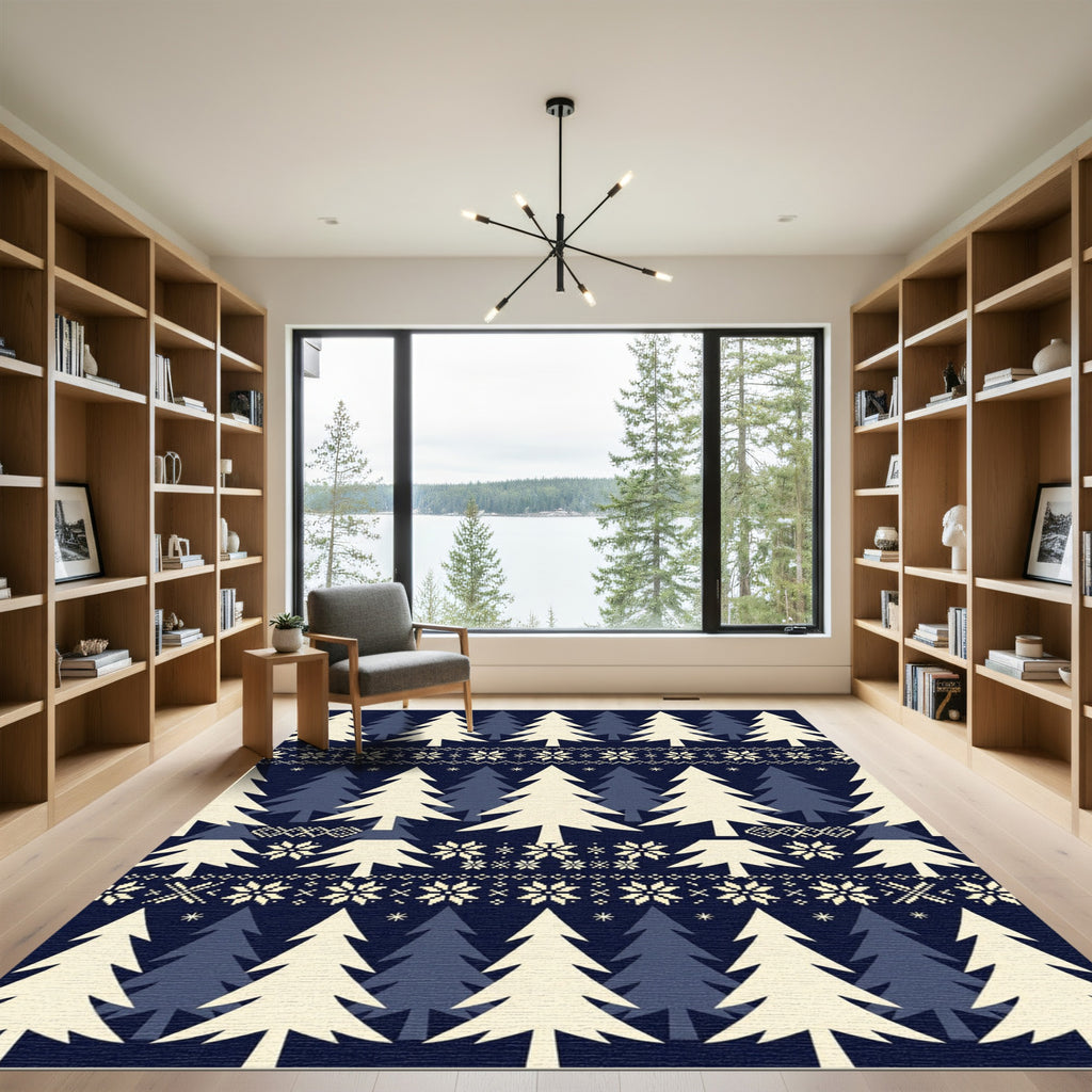 Navy Cream Festive Woodland Christmas Tree Rug