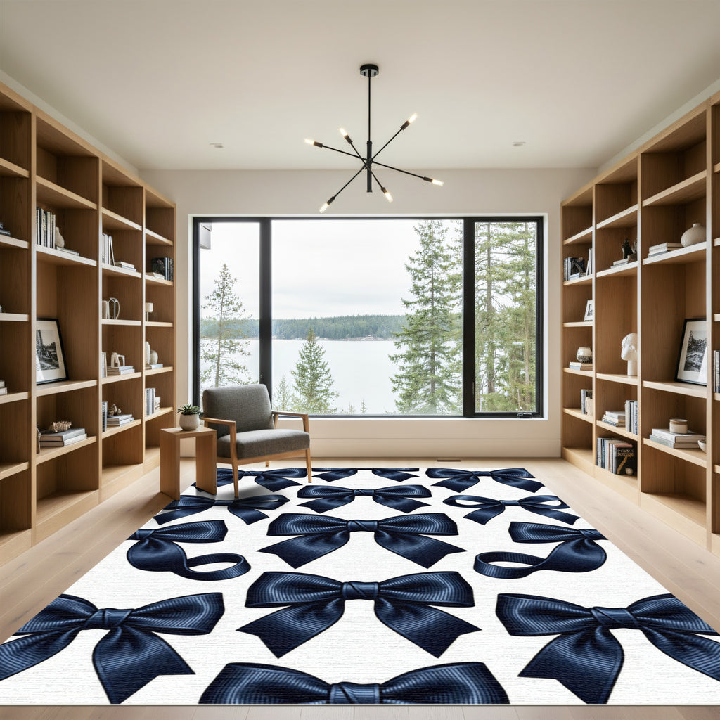 Elegant Navy Ribbon Bow Illustration Rug