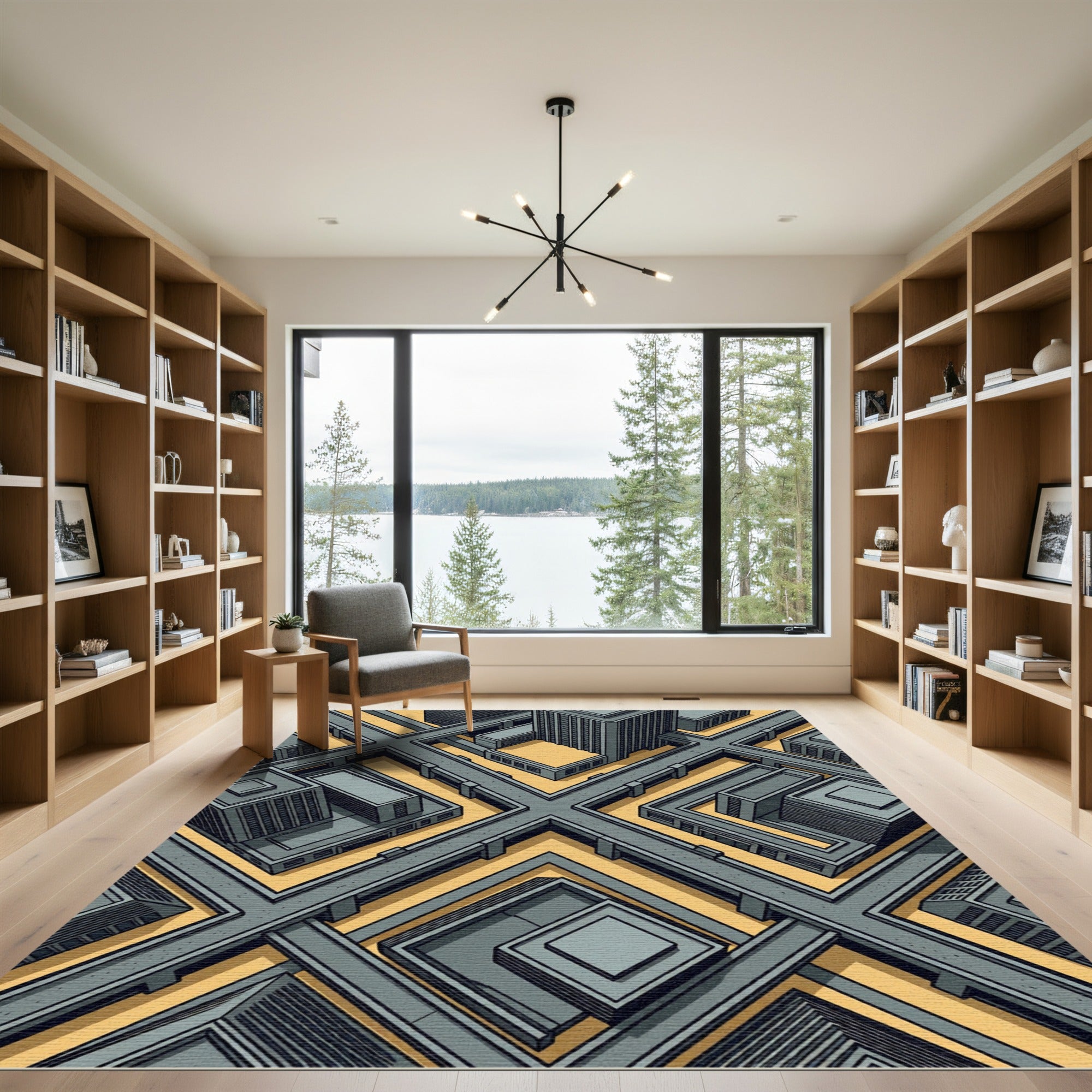 Isometric Gray Futuristic Urban Street Grid Rug