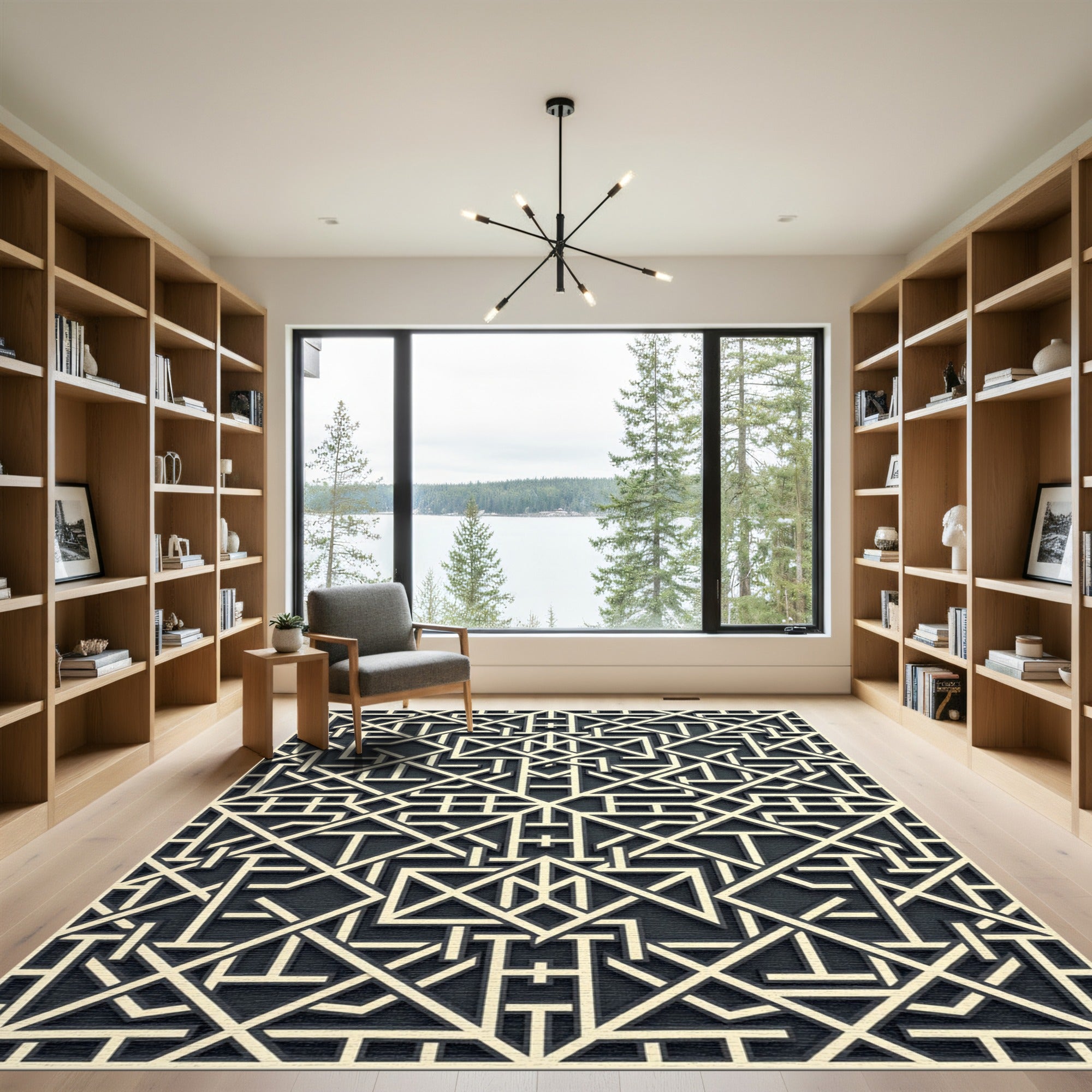 Cream and Charcoal Geometric Maze Rug