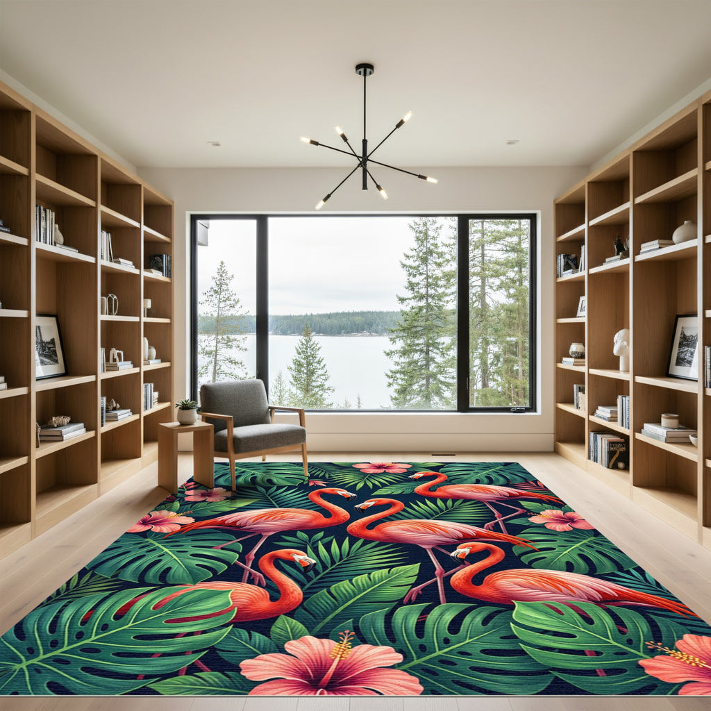 Vibrant Tropical Flamingo Hibiscus Jungle Rug