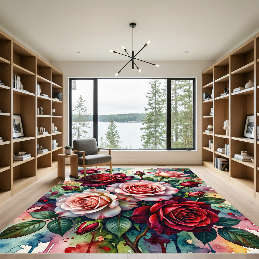 Rich Crimson Blush Rose Watercolor Swirl Rug