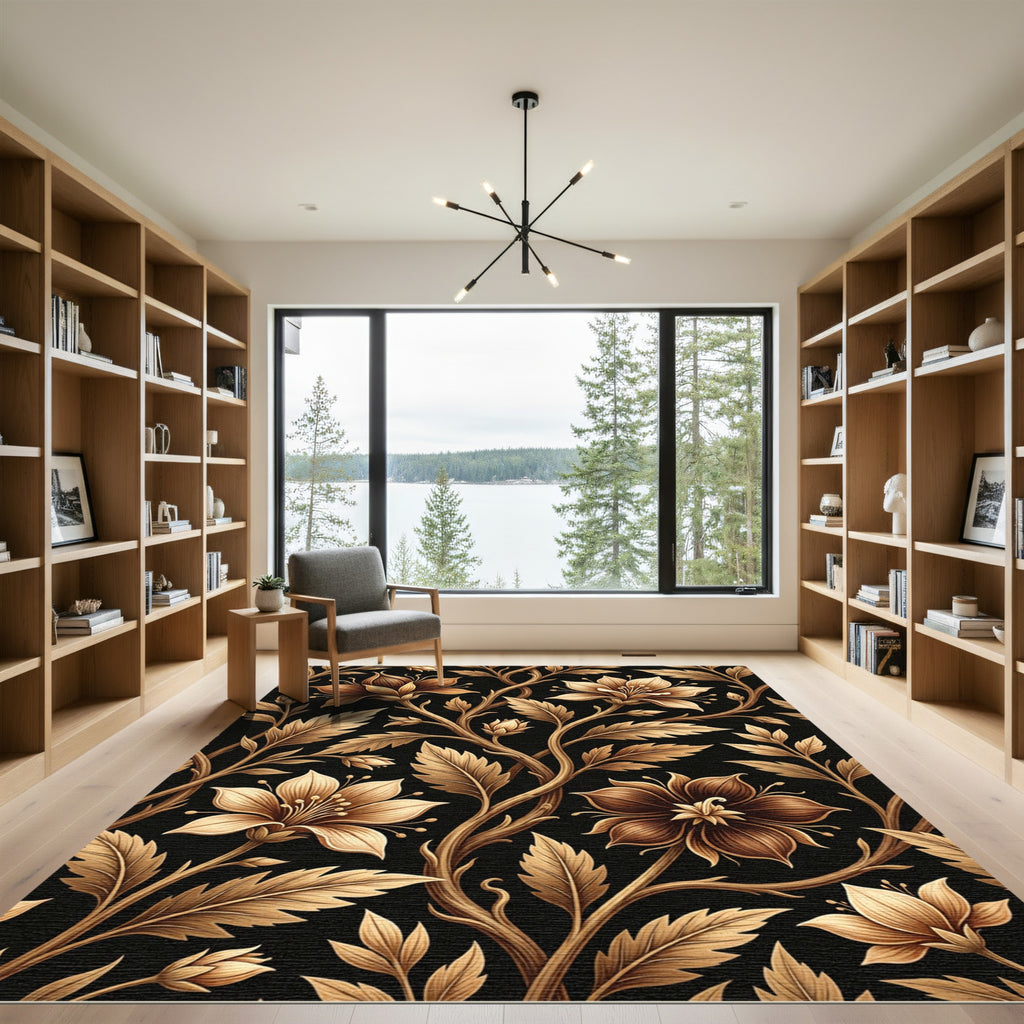 Golden FloralVine Black Background Rug