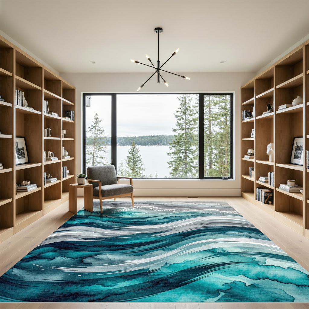 Ethereal Turquoise Oceanic Wave Art Rug