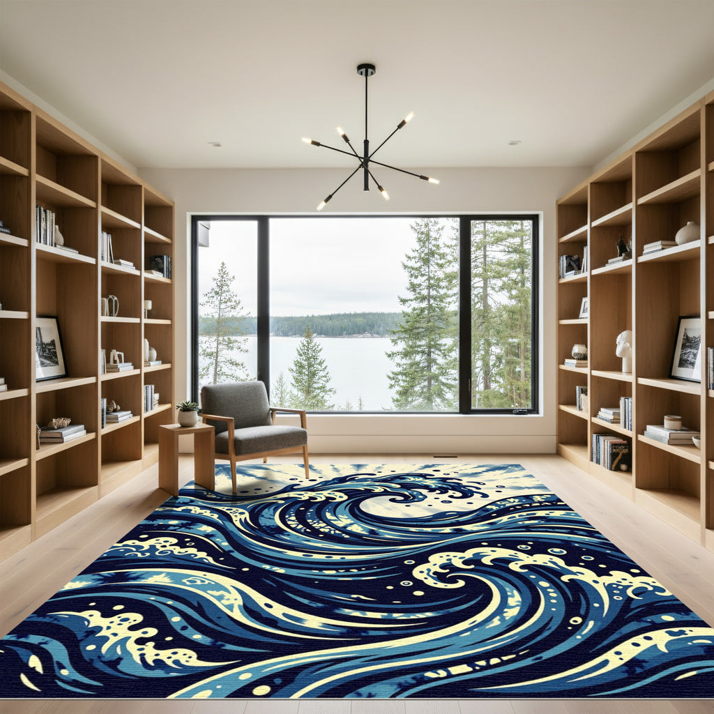 Indigo Wave Japanese Inspired Artistic Swirl Rug
