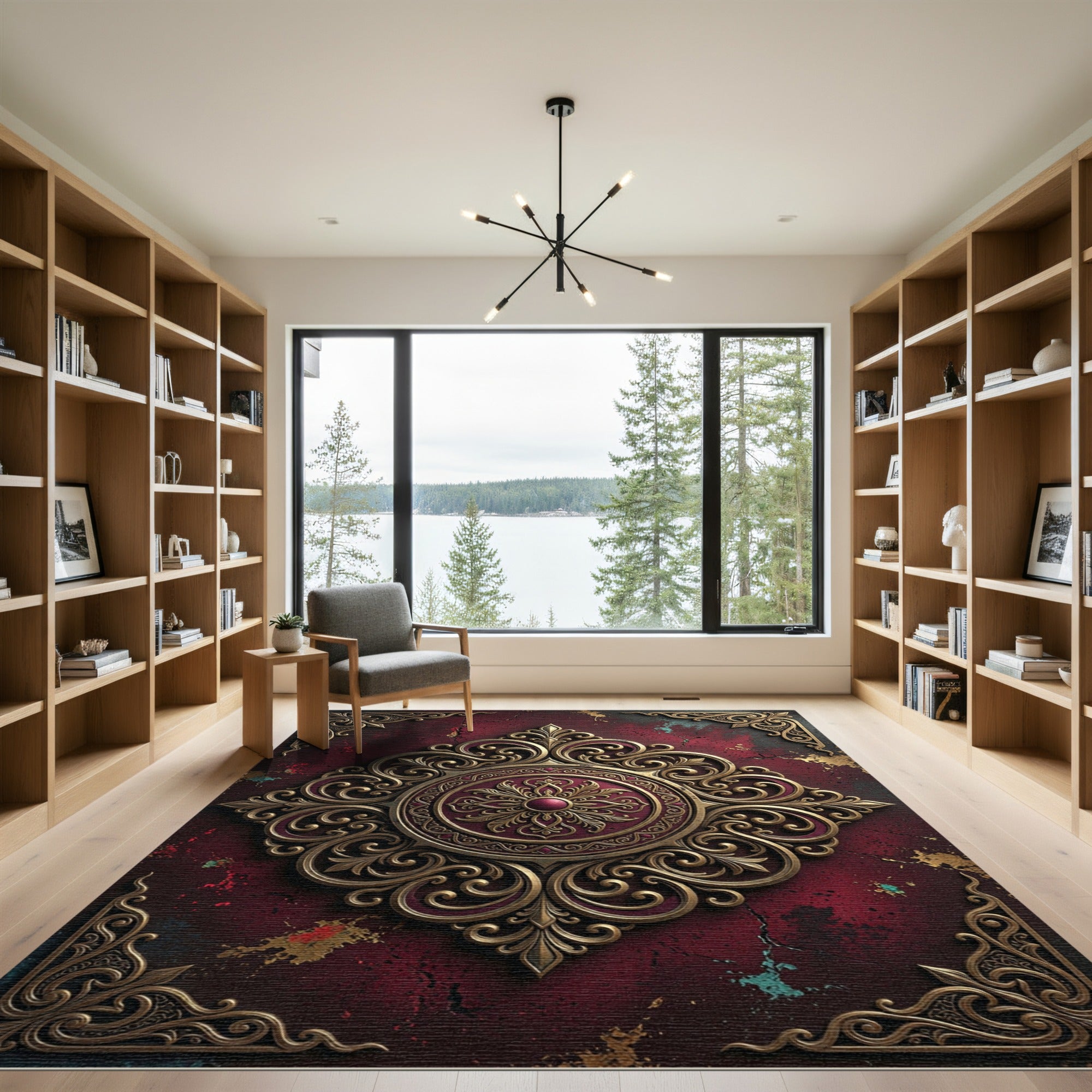 Ornate Gold Filigree Crimson Medallion Rug