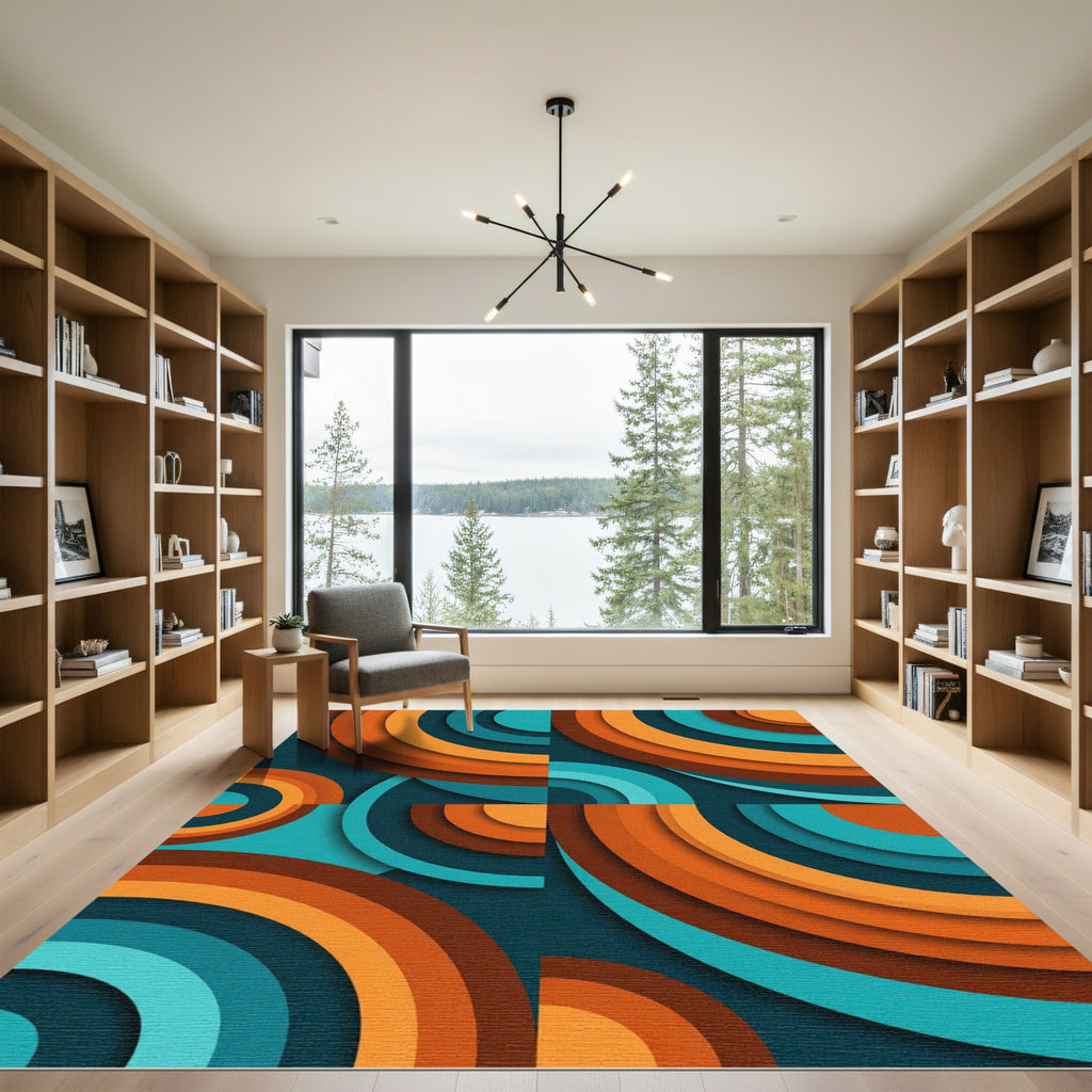 Mid-Century Modern Ochre Teal Arc Abstract Rug