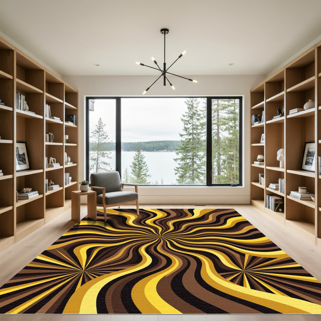 Golden Brown Swirling Rays Rug