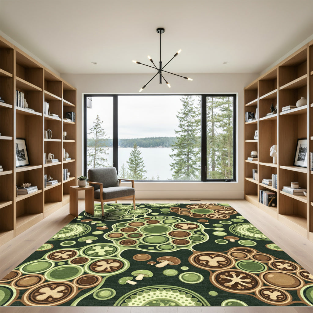Earthy Green Brown Mushroom Clusters Rug